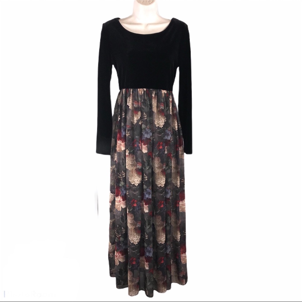 Vintage 1990s Velvet Floral Maxi Dress, Size 6